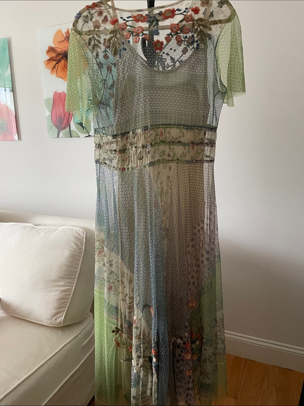 Johnny Was Sheer Floral Embroidered Maxi Dress in Light Green and Blue - Picture 5 of 8